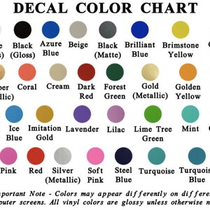 May include: Color chart showing 24 different vinyl colors for decals. The colors are arranged in rows and columns, with each color labeled with its name and a description of its finish, such as "Gloss" or "Matte".