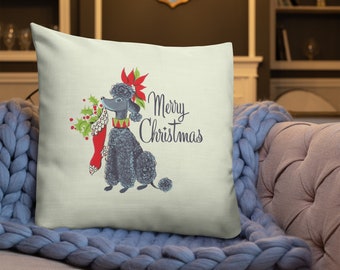 Poodle Dog Poinsettia Printed Premium Throw Pillow - Couch Sofa - Vintage Retro Christmas Card Inspired - Xmas Art - 2 Different Sizes