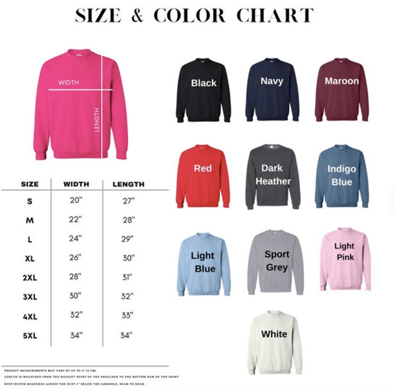 Op de afbeelding: Maattabel en kleurenkaart voor sweatshirts in verschillende kleuren, waaronder zwart, marine, bordeauxrood, rood, donkergrijs, indigo, lichtblauw, sportgrijs, lichtroze en wit. De tabel toont de breedte- en lengtemaat in inches voor maten S tot en met 5XL.