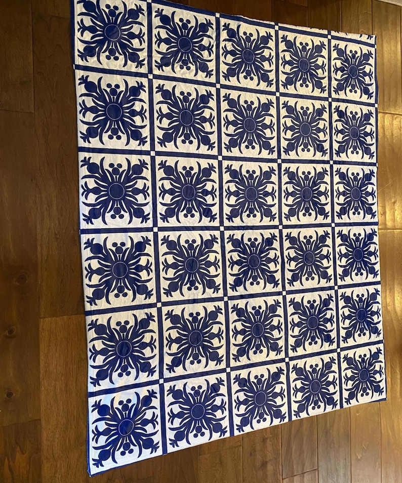 Puede incluir: Una colcha blanca con un patr&oacute;n repetitivo de dise&ntilde;os florales azules. La colcha est&aacute; compuesta por cuadrados con un dise&ntilde;o floral azul en cada cuadrado.