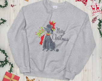 Poodle Dog with Poinsettia - Unisex Sweatshirt - Inspired by Vintage Retro Christmas Card Art - Holiday Mid Century MCM - Sizes up to 5XL