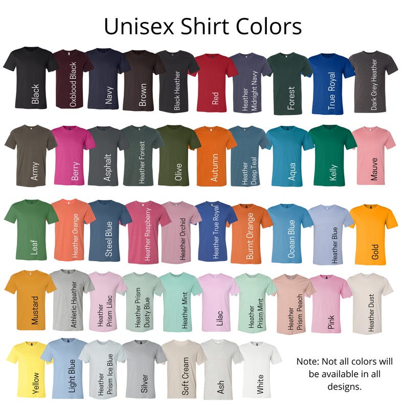 Puede incluir: Un gr&aacute;fico que muestra una variedad de colores de camisetas unisex. Los colores est&aacute;n dispuestos en filas y columnas, con cada color representado por una peque&ntilde;a imagen de una camiseta. Los colores incluyen negro, azul marino, rojo, marr&oacute;n, oliva, dorado, rosa, azul, verde y muchos m&aacute;s.