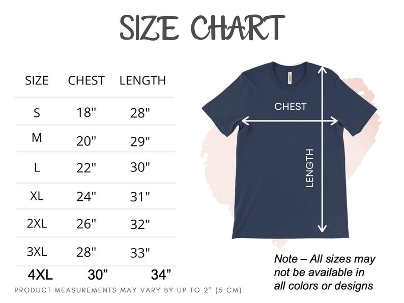 Puede incluir: Tabla de tallas para una camiseta con medidas en pulgadas para el pecho y la longitud. Las tallas van de la S a la 4XL.  Nota: Es posible que no todas las tallas est&eacute;n disponibles en todos los colores o dise&ntilde;os.