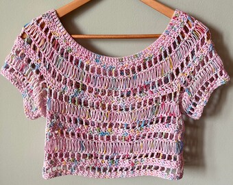 Handmade Colorful Crochet Top, Festival Crop Top, Boho Crochet Patterned Shirt, Crochet crop top design