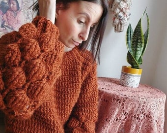 Crochet  Wool Sweater -Cozy Poppy Wool Sweater - Chunky Knit with Bobble Sleeves - Handmade Women's Fashion  - Chunky Knitwear