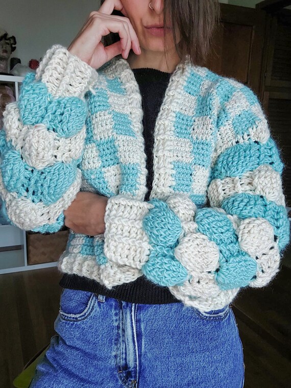 Hermona Crochet Wool Checkered Bubble Cardigan, Knit Jacket | Chunky Crochet Product | Handmade \u0026 Unique Cardigan | 3D Fluffy Bubbles