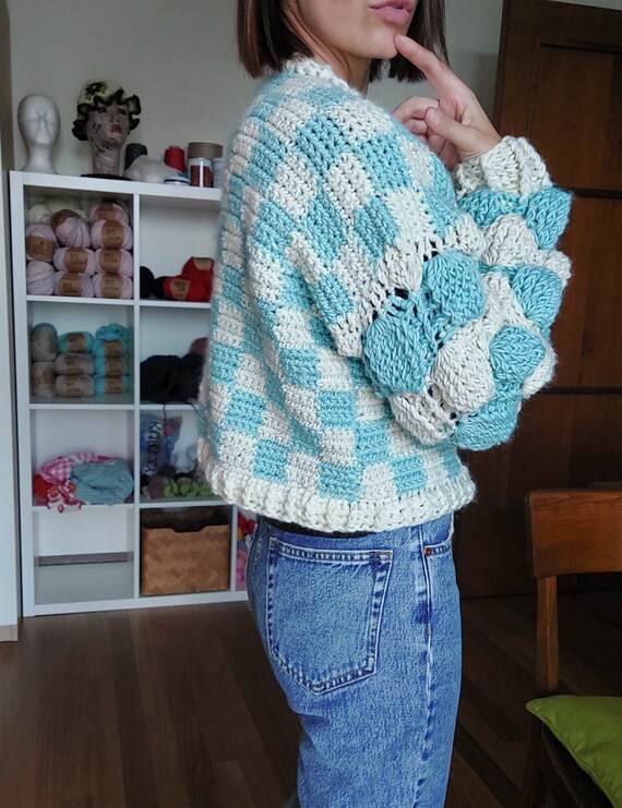 Checkered Bubble Cardigan Knit Jacket 