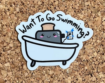Want To Go Swimming Sticker - Funny Kawaii Toaster In A Tub Sticker