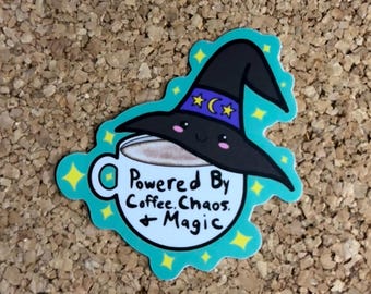 Witchy Coffee Sticker Gift | Powered by Coffee Chaos & Magic | Cute Vinyl Sticker for Witches and Coffee Lovers