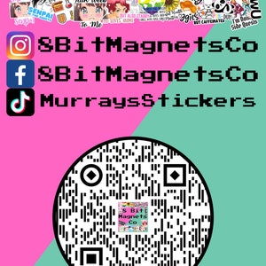 May include: A pink and teal background with a black and white QR code in the center. The QR code is surrounded by a white circle. The text "8BitMagnetsCo" is written in black letters on a pink background. The text "MurraysStickers" is written in black letters on a teal background. The text "FLOWCODE" is written in black letters on a white background. The text "PRIVACY.FLOWCODE.COM" is written in black letters on a white background.