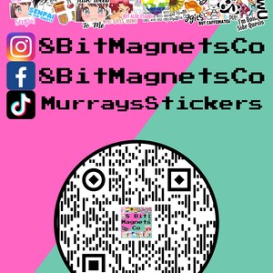 May include: A pink and teal background with a black and white QR code in the center. The QR code is surrounded by a white circle. The text "8BitMagnetsCo" is written in black letters on a pink background. The text "MurraysStickers" is written in black letters on a teal background. The text "FLOWCODE" is written in black letters on a white background. The text "PRIVACY.FLOWCODE.COM" is written in black letters on a white background.