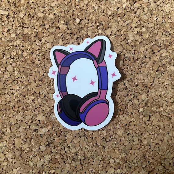 Cat Ear Headphones Kawaii Sticker | Gamer Girl Laptop Sticker | Cute Pink Purple Gaming Sticker