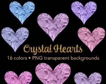 Crystal Hearts Clipart Set, PNG, Transparent Backgrounds, Scrapbooking, Card Making, Collage Making, Personal and Commercial Use