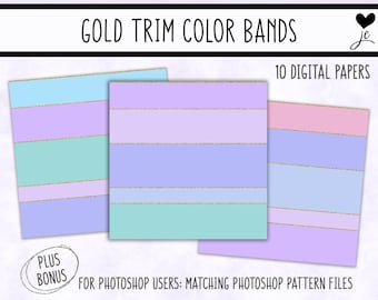 May include: Ten digital papers with gold trim color bands. The papers feature a variety of pastel colors, including pink, blue, purple, and green. The papers are seamless and can be used for a variety of crafting projects.