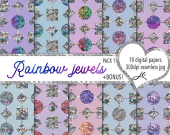 Rainbow Jewels Digital Papers Pack 1 + BONUS Pattern Files, Seamless, Textures, Jewels, Clipart, Backgrounds, Personal and Commercial Use