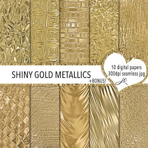 Shiny Gold Metallics Digital Papers + BONUS Photoshop Pattern Files, Seamless, Textures, Backgrounds, Clipart, Personal & Commercial Use
