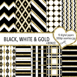 Black, White & Gold Digital Papers + Bonus Pattern Files, Seamless, Textures, Backgrounds, Clipart, Personal and Commercial Use