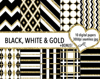 Black, White & Gold Digital Papers + Bonus Pattern Files, Seamless, Textures, Backgrounds, Clipart, Personal and Commercial Use