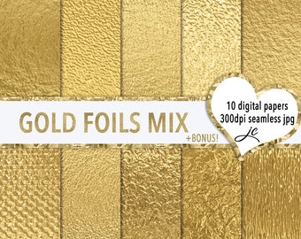 Feuilles d’or mélange de papiers numériques + fichiers de motifs BONUS, sans couture, textures, arrière-plans, clipart, utilisation personnelle et commerciale