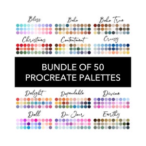 Puede incluir: Una ilustración digital de 50 paletas de colores para Procreate, una aplicación de arte digital. Las paletas están dispuestas en filas de tres, con cada paleta que contiene 10 muestras de colores. Las paletas se nombran con palabras como "Bliss", "Boho", "Christmas", "Contentment", "Cruisy", "Delight", "Dependable", "Divine", "Doll", "Du Jour" y "Earthy".