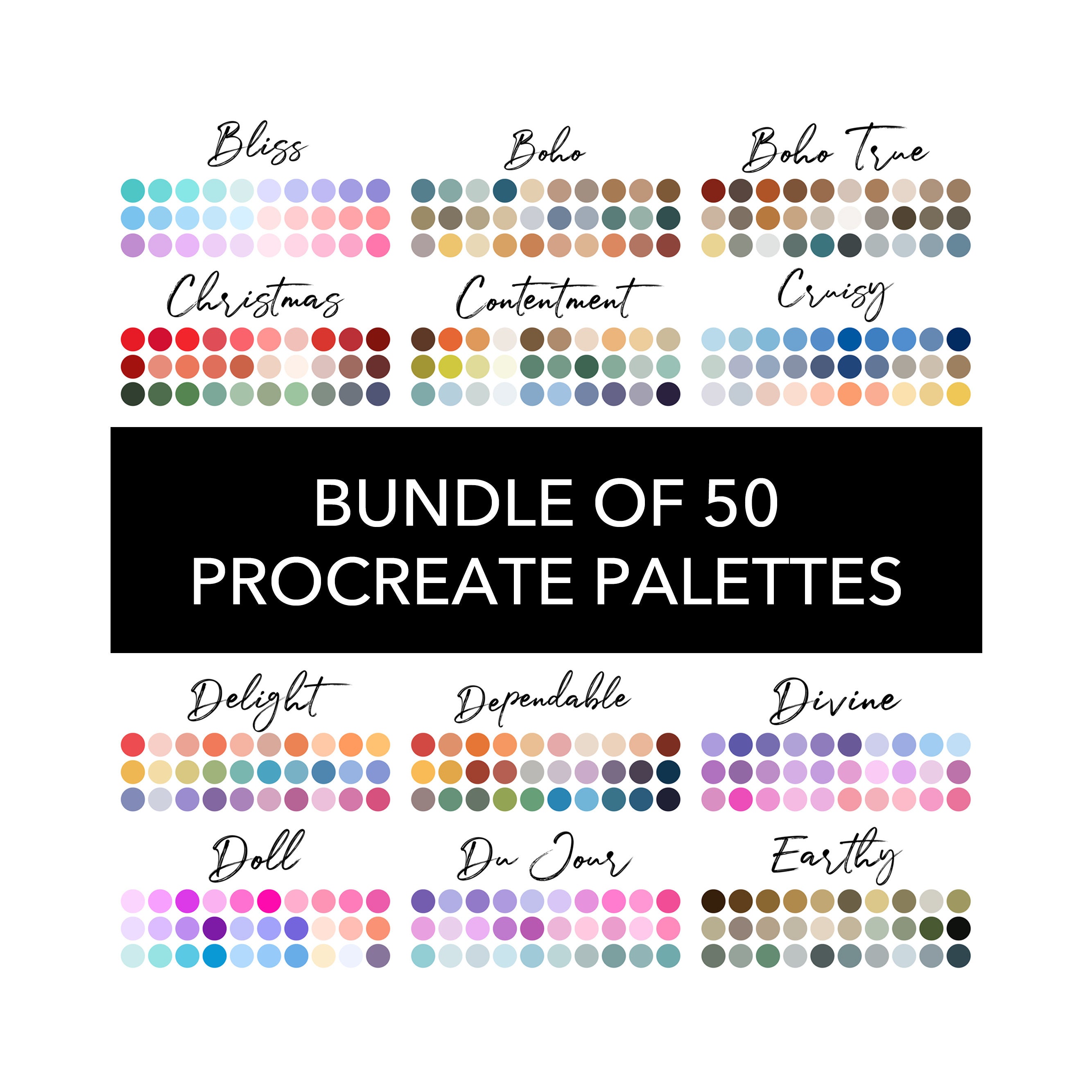 Paquete de 50 paletas de color para Procreate – 30 muestras cada una para iPad y iPhone