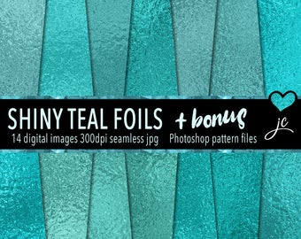 Shiny Teal Foil Digital Papers: Seamless Textures (Bonus Photoshop Pattern Files)