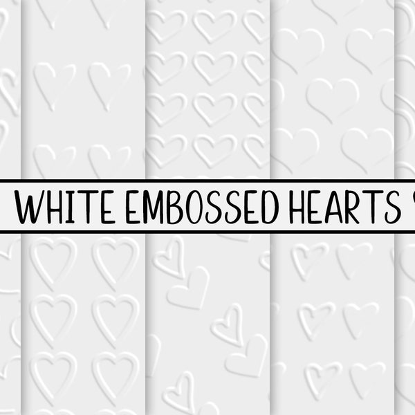 White Embossed Hearts Digital Papers, Seamless, Textures, Backgrounds, Clipart, Personal & Commercial Use