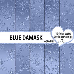 Blue Damask Digital Papers + BONUS Photoshop Pattern File, Seamless, Textures, Backgrounds, Clipart, Personal & Commercial Use