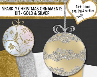 Kit de adornos navideños brillantes: oro y plata, superposiciones PNG, papeles de fondo, sin costuras, imágenes prediseñadas, uso personal y comercial