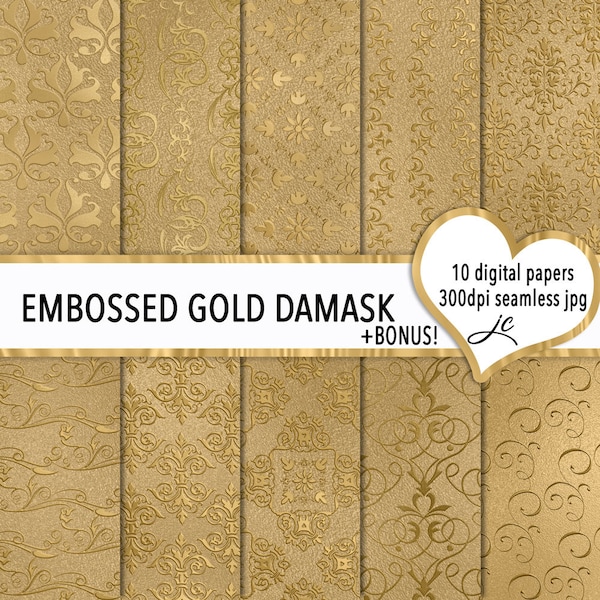 Embossed Gold Damask Digital Papers + BONUS Photoshop Pattern Files, Seamless, Textures, Backgrounds, Clipart, Personal & Commercial Use