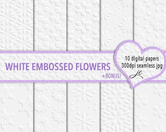 White Embossed Flower Digital Paper Textures: Seamless Backgrounds (Digital Download)