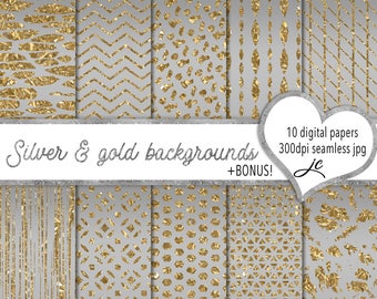 Silver and Gold Backgrounds Digital Papers + BONUS Pattern File, Seamless, Textures, Clipart, Backgrounds, Personal and Commercial Use