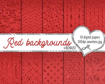 May include: Ten digital red background patterns with different textures, including stripes, zigzags, dots, and geometric shapes. The text "Red backgrounds" and "10 digital papers 300dpi seamless jpg + BONUS!" is displayed on a white banner with a silver glitter border.