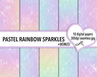 Pastel Rainbow Sparkles Digital Papers + BONUS Photoshop Pattern Files, Seamless, Textures, Backgrounds, Clipart, Personal & Commercial Use