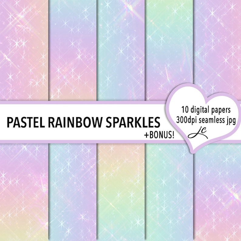 Pastel Rainbow Sparkles Digital Papers BONUS Photoshop Pattern Files, Seamless, Textures, Backgrounds, Clipart, Personal & Commercial Use image 1