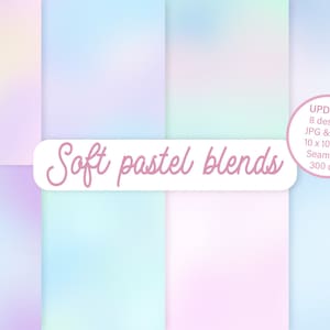 May include: A set of eight seamless pastel gradient backgrounds. The backgrounds are in soft shades of pink, blue, and purple. The text "Soft pastel blends" is written in pink on a white background.