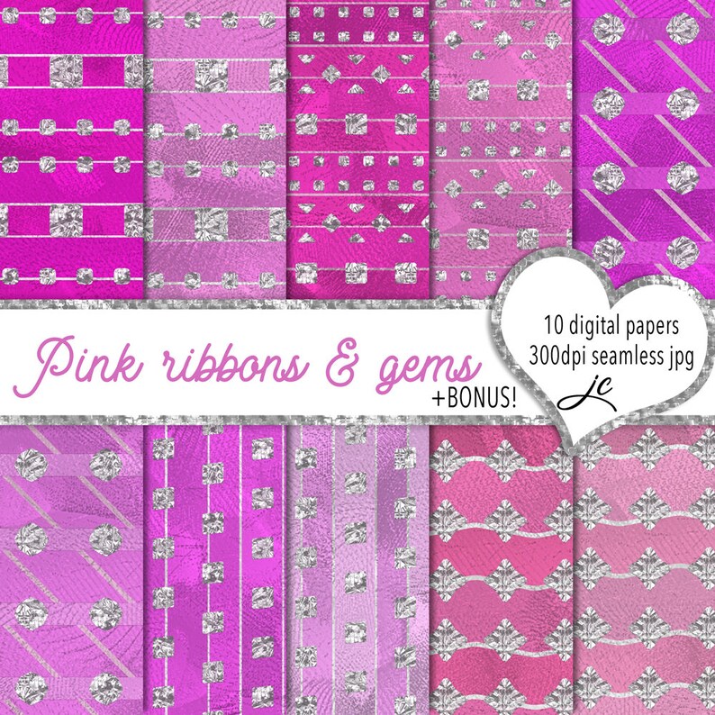 Pink Ribbons and Gems Digital Papers: Seamless Textures (digital ...