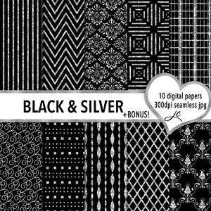 Op de afbeelding: Tien digitale papieren in zwart en zilver met verschillende geometrische en bloemmotieven. De papieren zijn 300 dpi en naadloos. De tekst "BLACK & SILVER +BONUS!" staat bovenaan de afbeelding. De tekst "10 digital papers 300dpi seamless jpg" staat onderaan de afbeelding.