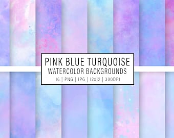 Pink Blue Turquoise Watercolor Backgrounds, Digital Papers, Textures, Scrapbooking, Clipart, Personal and Commercial Use