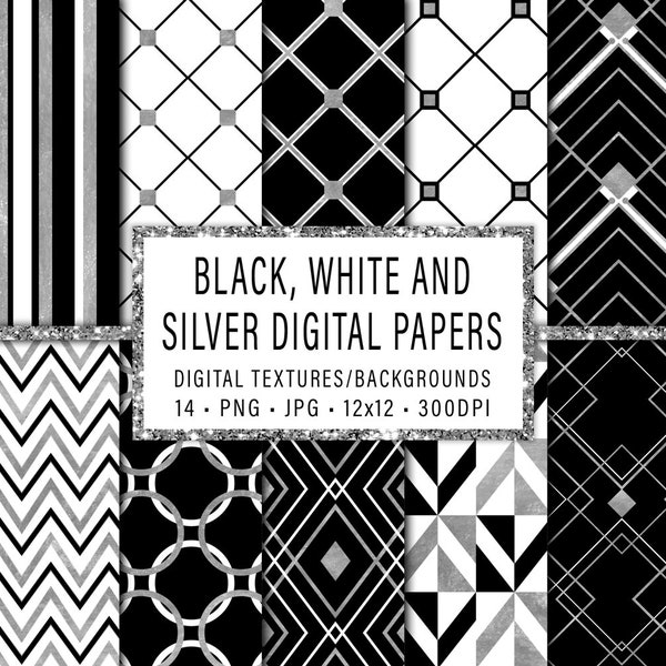 Black, White and Silver, Digital Papers, Textures, Backgrounds, Geometric, Art Deco, Scrapbooking, Clipart, Personal and Commercial Use