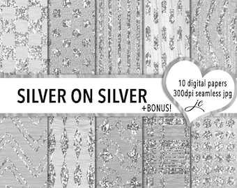 Silver on Silver Digital Papers + BONUS Photoshop Pattern Files, Seamless, Textures, Backgrounds, Clipart, Personal & Commercial Use