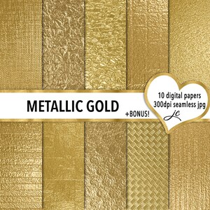 May include: Ten digital papers featuring gold metallic textures. Each paper is 300 dpi and seamless. The papers are ideal for adding a touch of luxury to your designs.