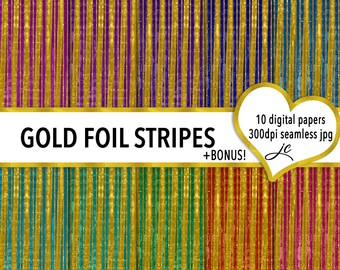May include: A digital paper pack with 10 seamless patterns featuring gold foil stripes in various colors. The text "GOLD FOIL STRIPES + BONUS!" is displayed on the image.
