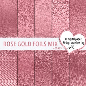 Rose Gold Foils Mix Digital Papers + BONUS Pattern Files, Seamless, Textures, Backgrounds, Clipart, Personal & Commercial Use