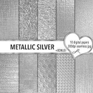 Metallic Silver Digital Papers BONUS Photoshop Pattern Files, Seamless, Textures, Clipart, Backgrounds, Personal & Commercial Use image 1