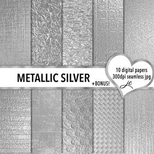 Papeles digitales de plata metálica + bonus photoshop archivos de patrones, sin costuras, texturas, imágenes prediseñadas, fondos, uso personal y comercial