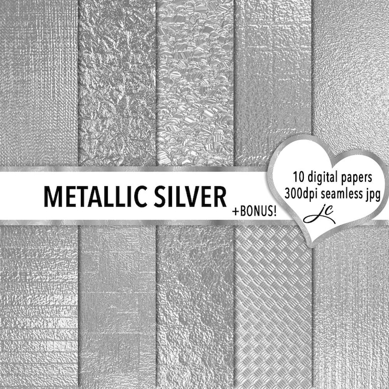 Metallic Silver Digital Papers BONUS Photoshop Pattern Files, Seamless, Textures, Clipart, Backgrounds, Personal & Commercial Use image 1