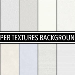 Puede incluir: Una colección de 10 texturas de papel blanco, cada una con un patrón sutil diferente. Las texturas incluyen papel liso, lino y papel gofrado. La imagen está etiquetada como "PAPER TEXTURES BACKGROUNDS".