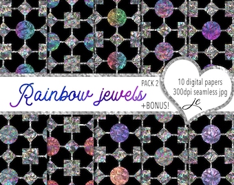 Rainbow Jewels Digital Papers Pack 2 + BONUS Pattern Files, Seamless, Textures, Jewels, Clipart, Backgrounds, Personal and Commercial Use