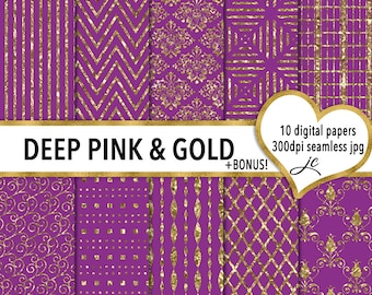 Deep Pink and Gold Digital Papers + BONUS Photoshop Pattern File, Seamless, Textures, Backgrounds, Clipart, Personal & Commercial Use